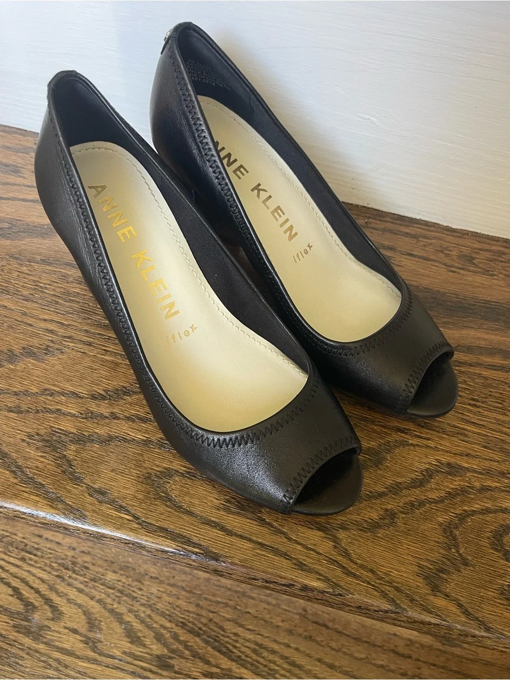 Anne Klein Black Peep Toe Leather Heels